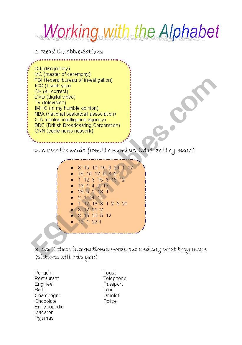 Working with the Alphabet worksheet