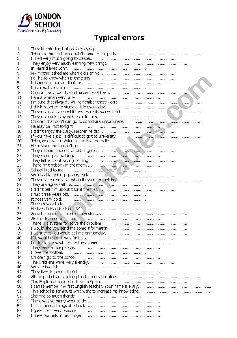 Typical errors worksheet