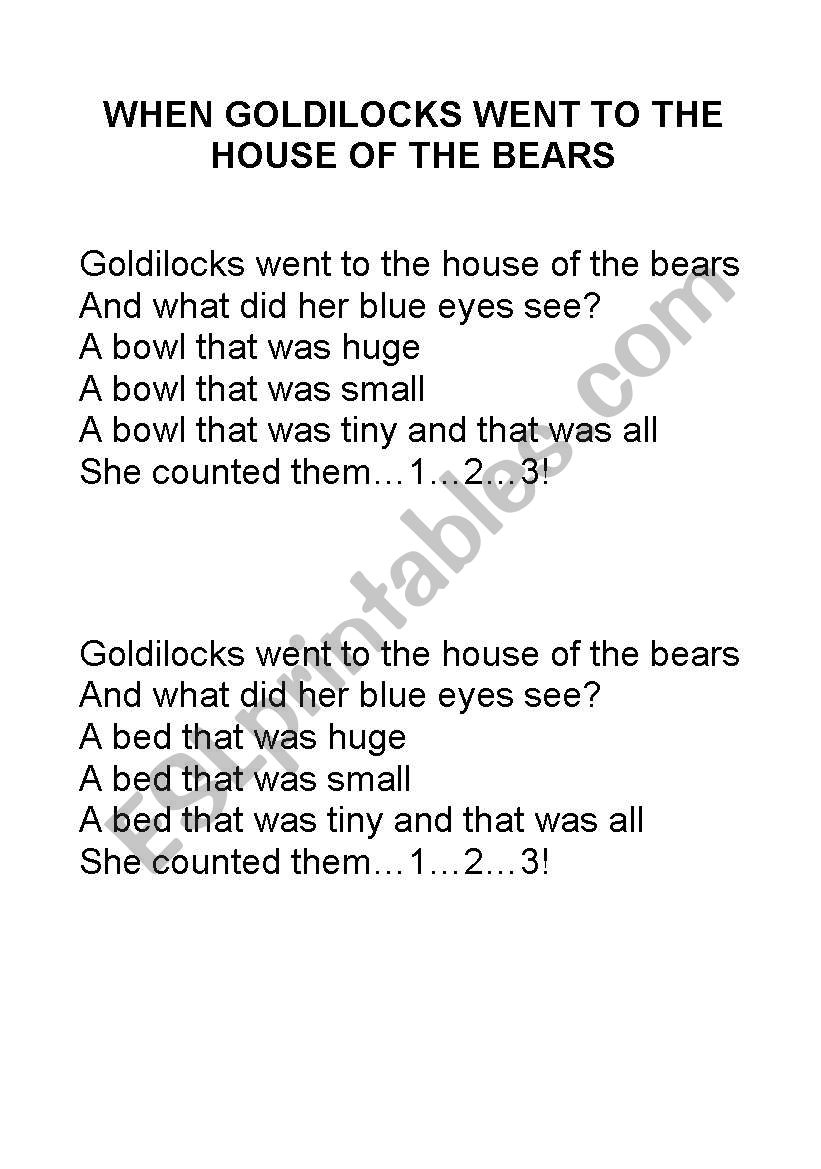 goldilocks song worksheet
