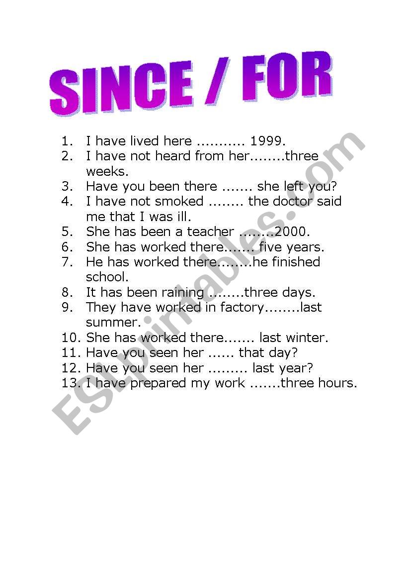 since-and-for-present-perfect-tense-esl-worksheet-by-gosiasunny