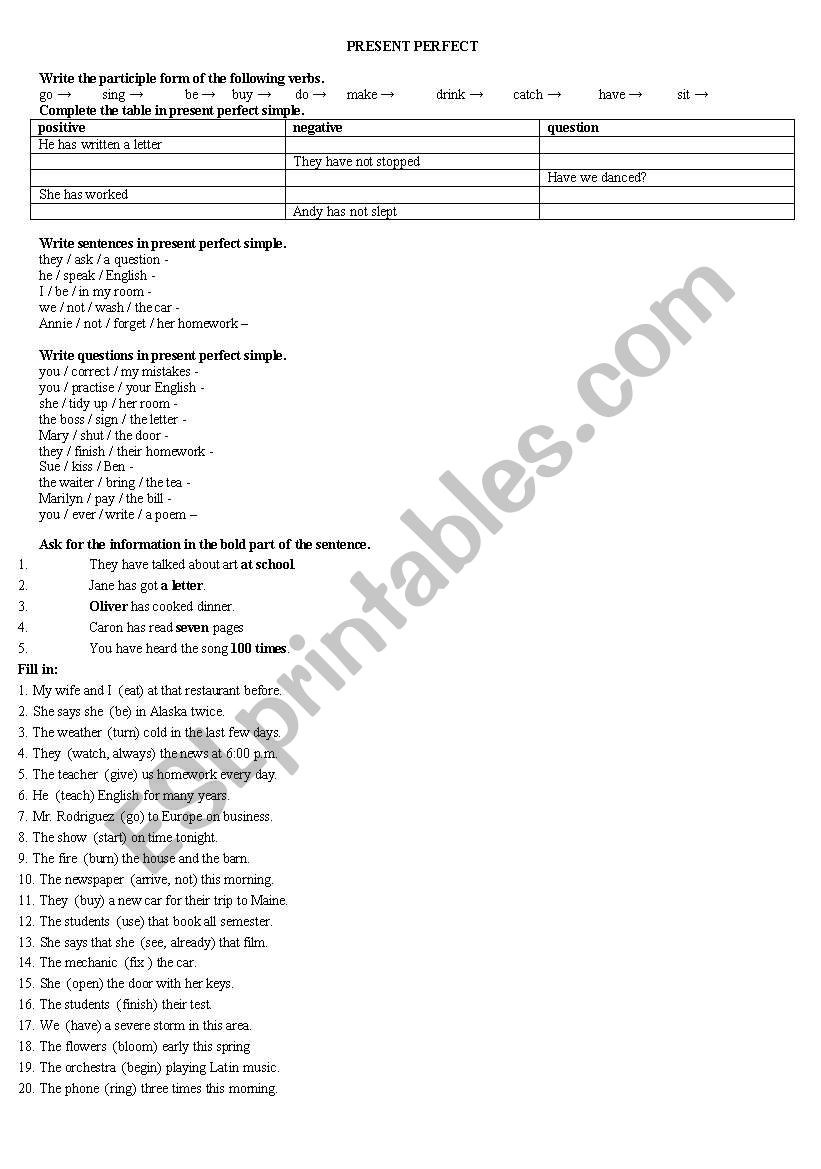 Present Perfect worksheet