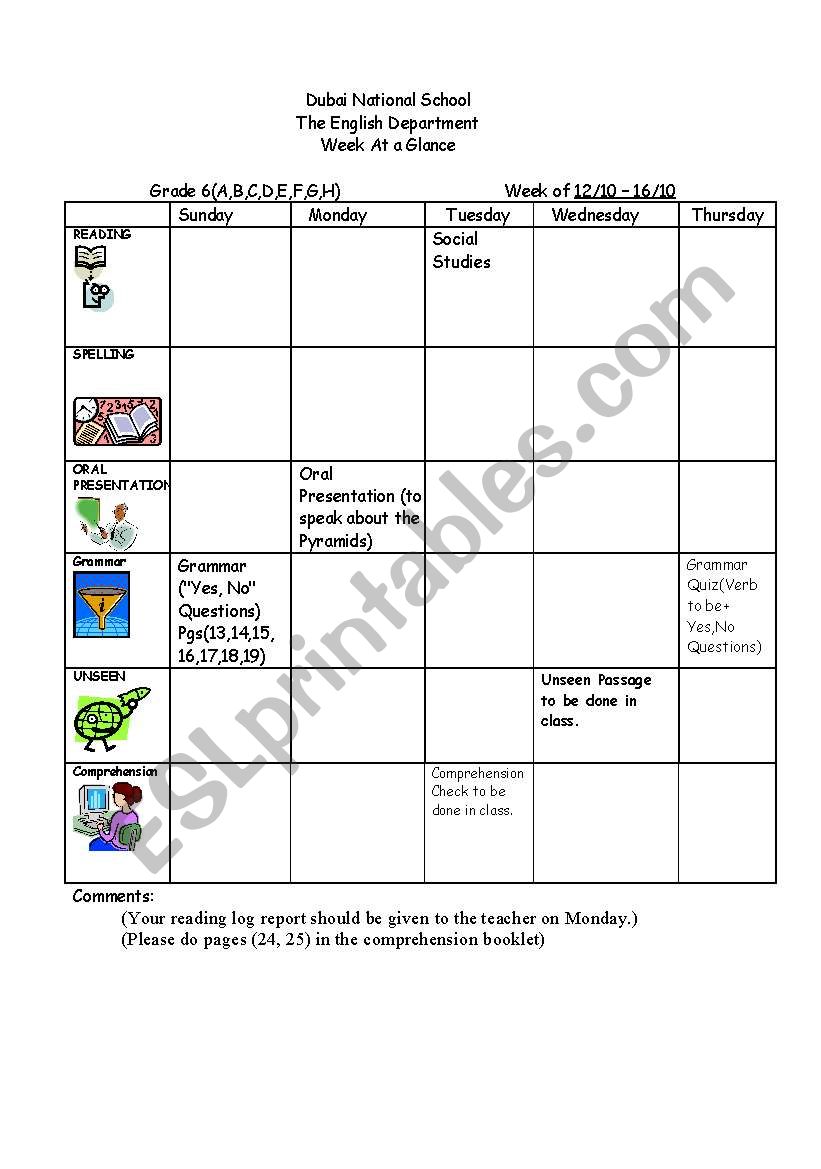 English Weeklyplan worksheet