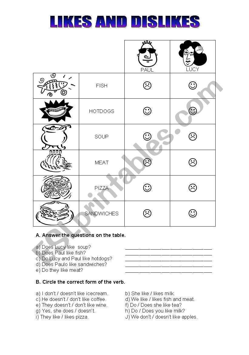 Likes and dislikes worksheet