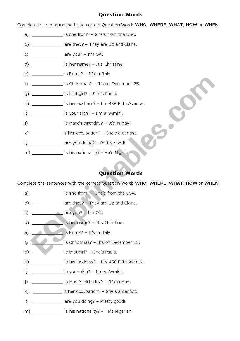 Question Words worksheet