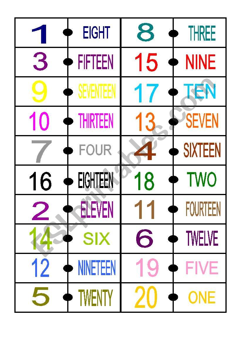 Numbers 1- 20 - DOMINO worksheet