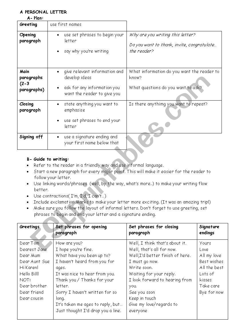 writing a personal letter worksheet