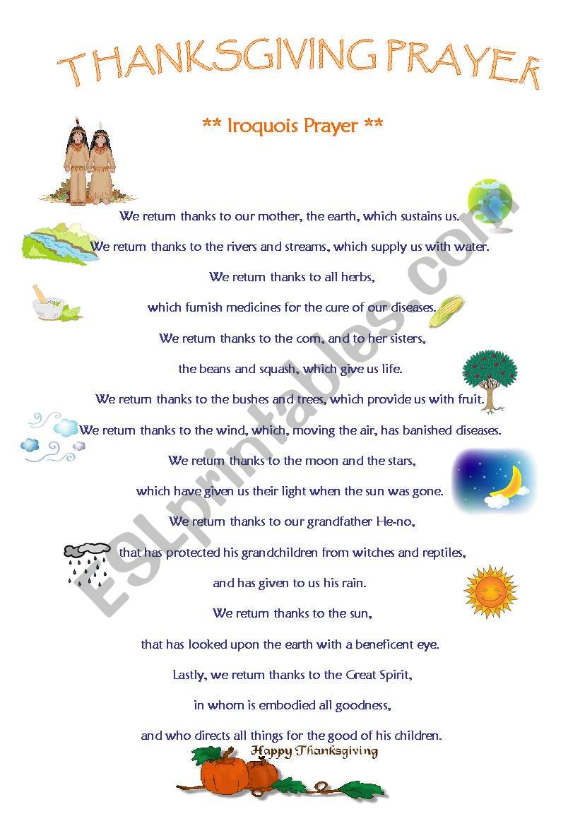 THANKSGIVING IROQUOIS PRAYER worksheet