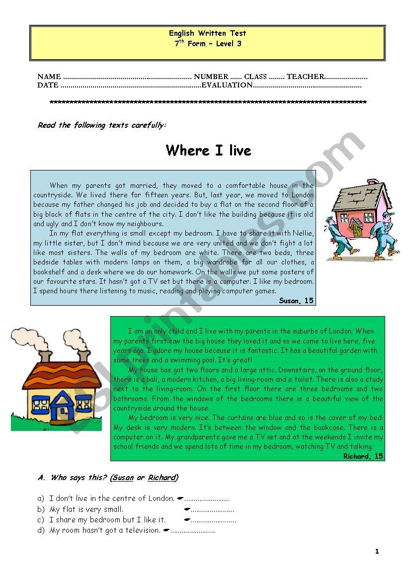 test - where I live worksheet