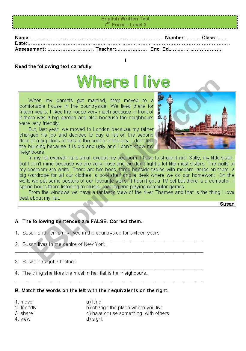 Test - where I live  worksheet