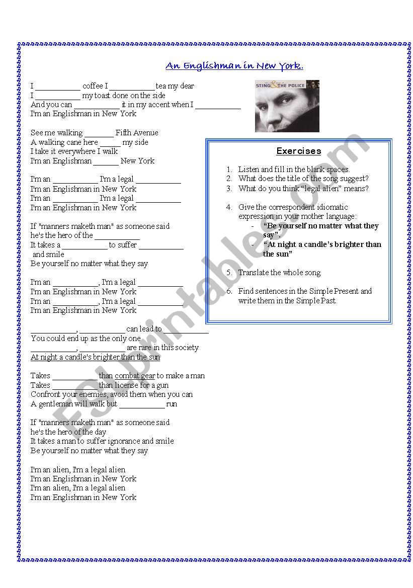 An Englishman in New York worksheet