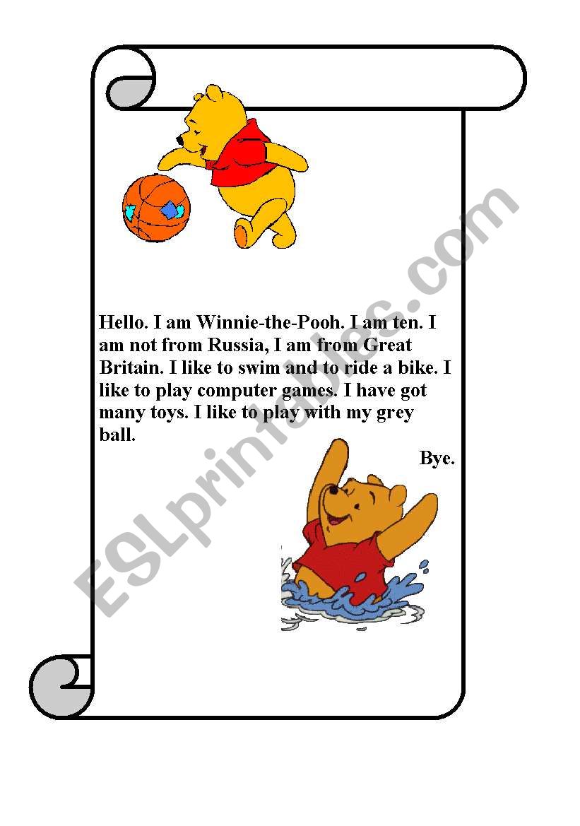 A letter from Winnie-the-Pooh worksheet