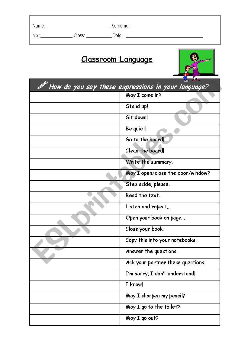 Classroom Language worksheet