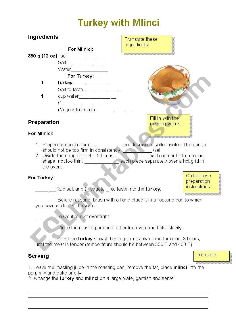 turkey with mlinci, recipe worksheet