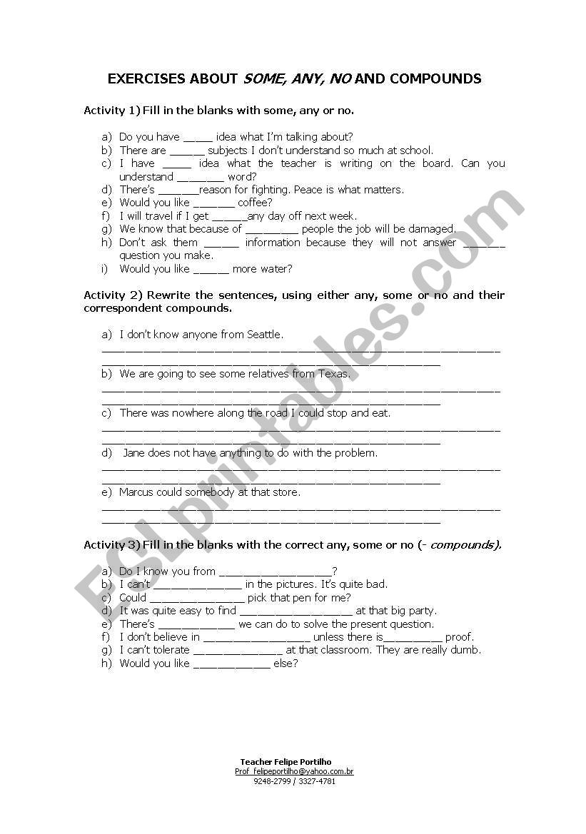 Some, any, no and compounds worksheet