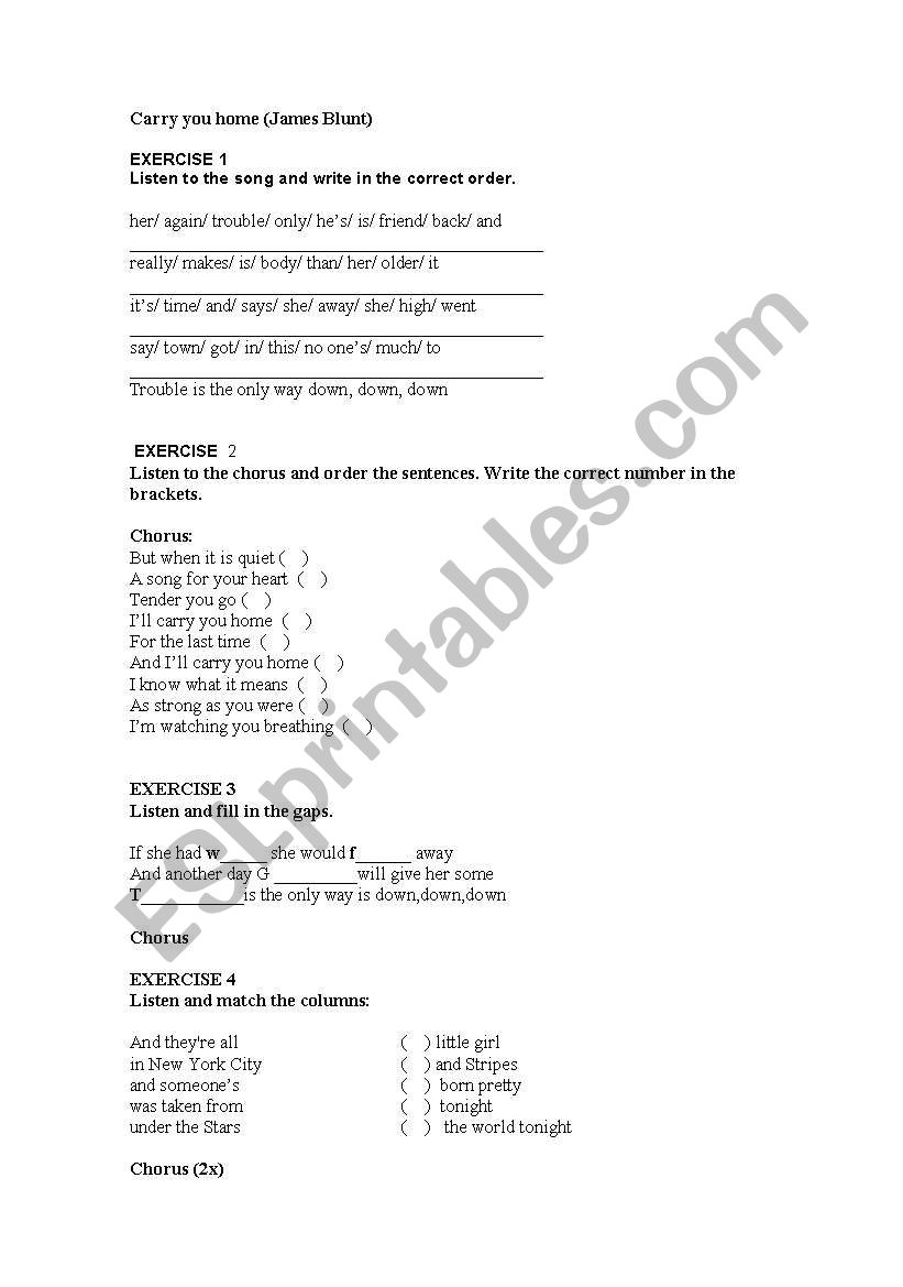 Carry you home by James Blunt worksheet