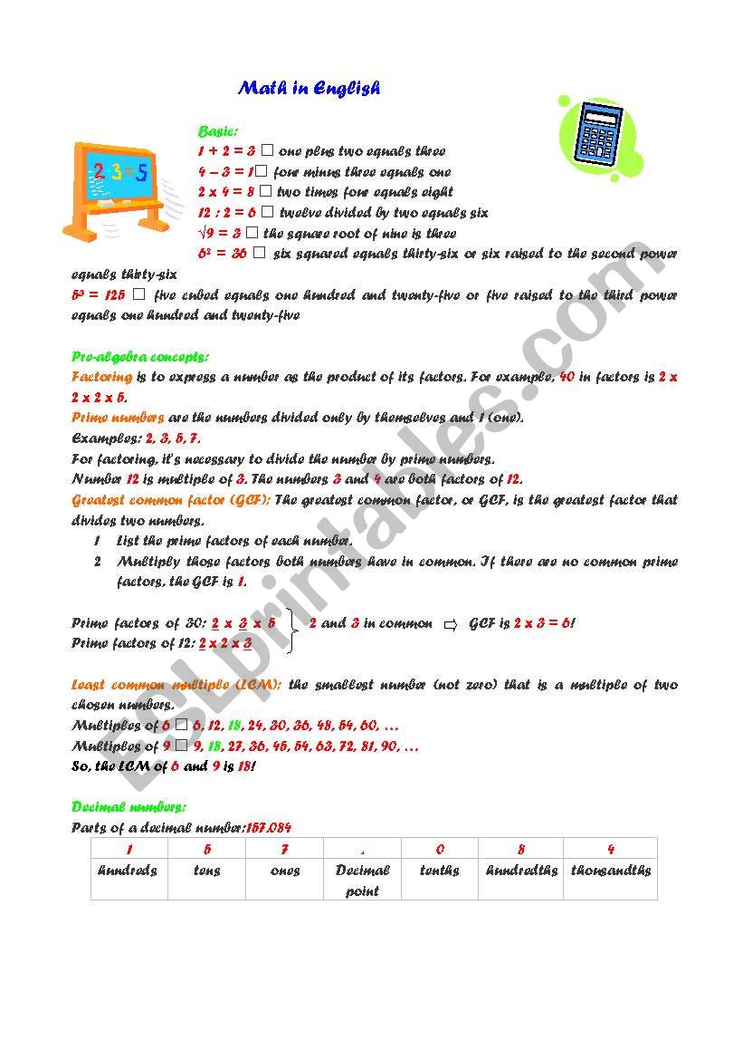 Math in English worksheet