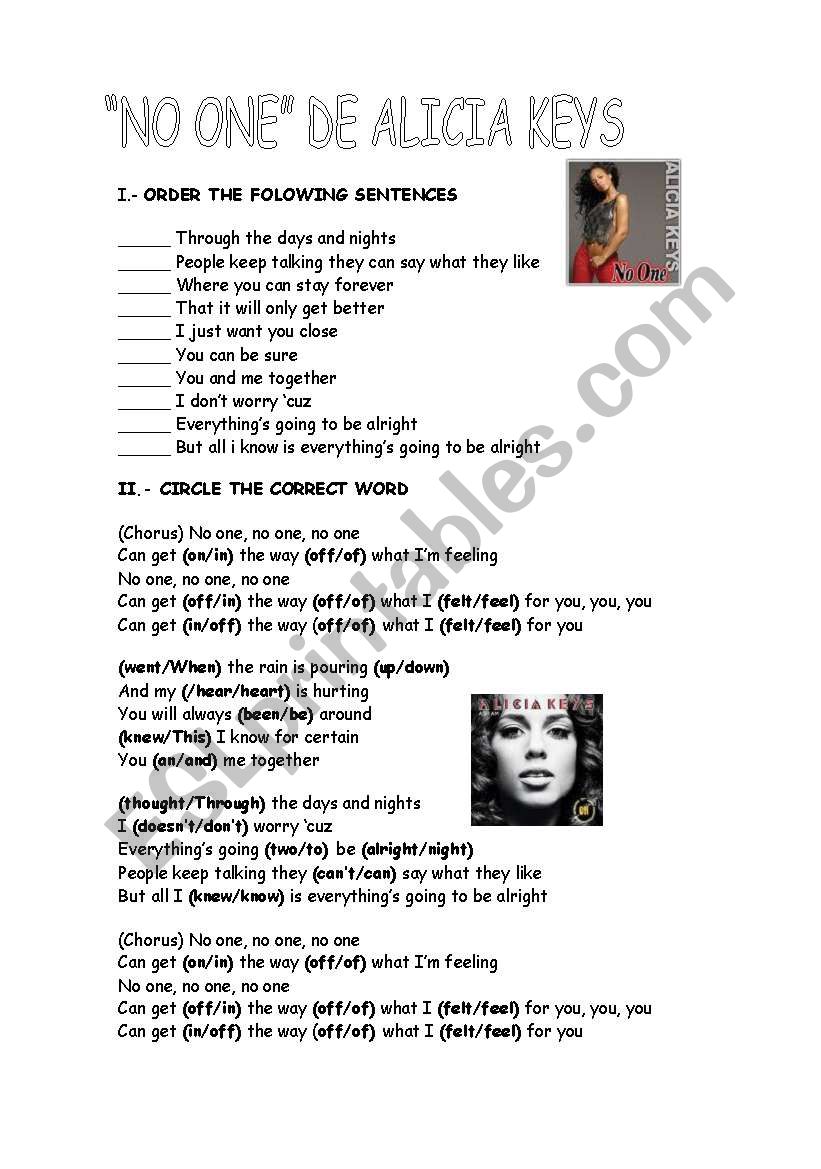 no one Alicia KEys worksheet