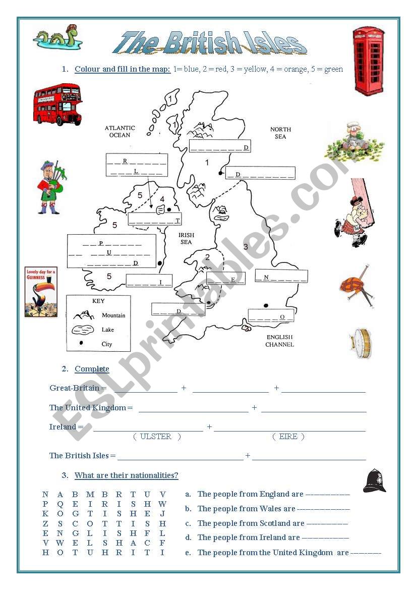 The British Isles (a map, emblems, nationalities, flags)