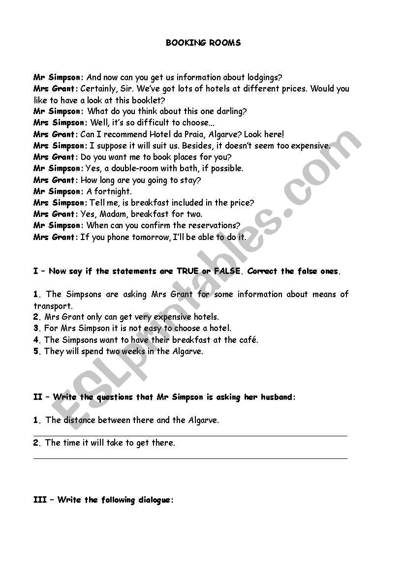 booking rooms worksheet