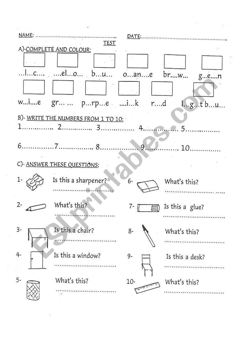 Test for elementary school worksheet