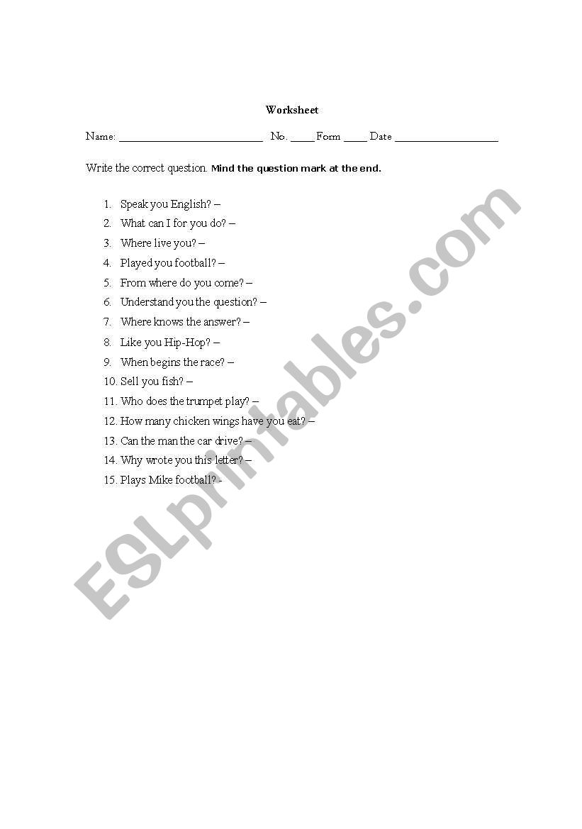 questions worksheet