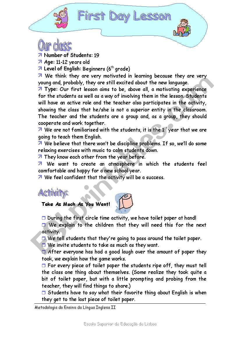 First Day Lesson worksheet