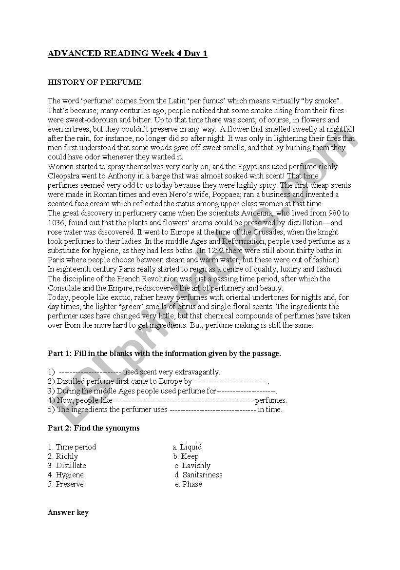 HISTORY OF PERFUME worksheet