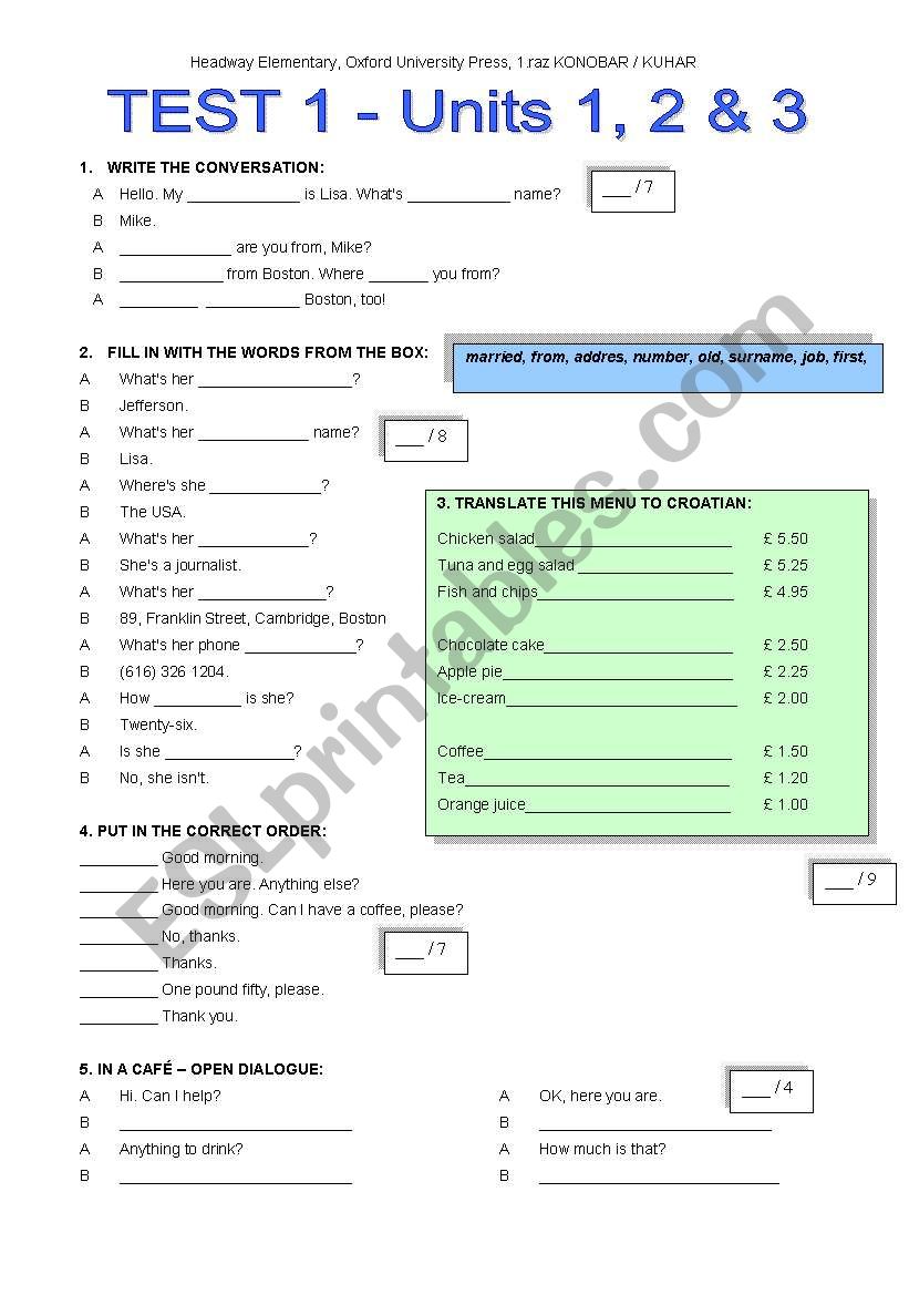 TEST 1  worksheet