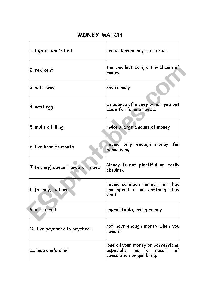 Money Idioms Match worksheet