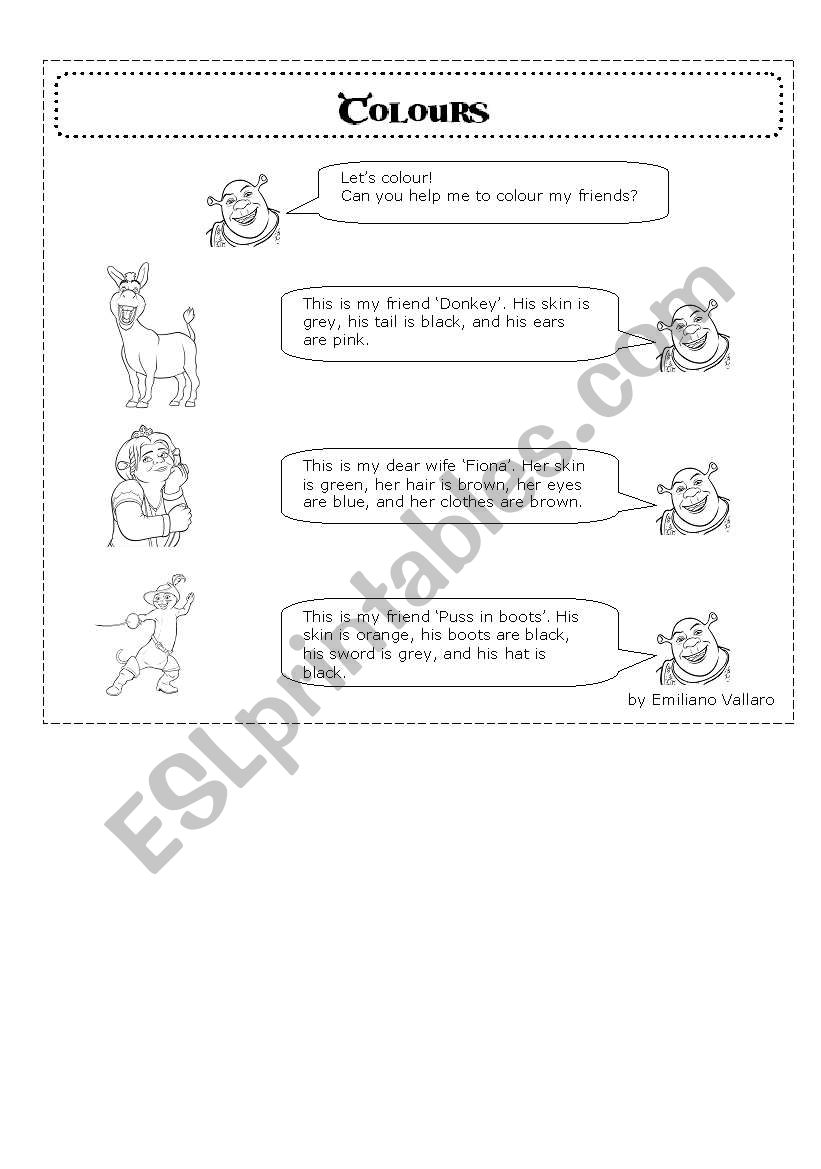 Colour Shrek and his friends worksheet