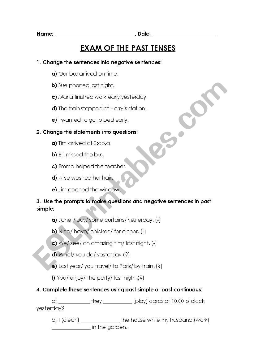 Exam on past tenses worksheet