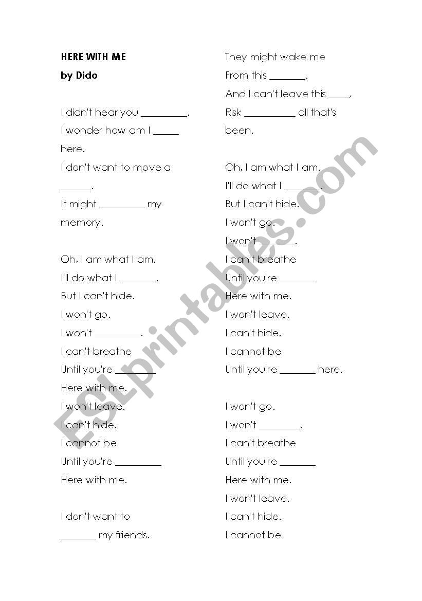 HERE WITH ME,  a song by Dido worksheet