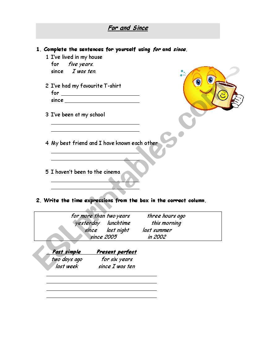 for, since -Present Perfect worksheet