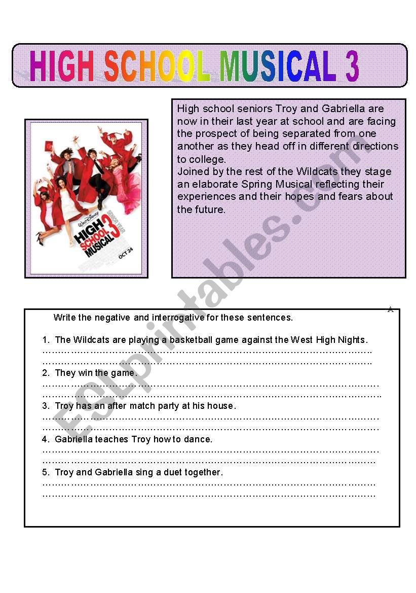 HIGH SCHOOL MUSICAL 3 side 1 worksheet