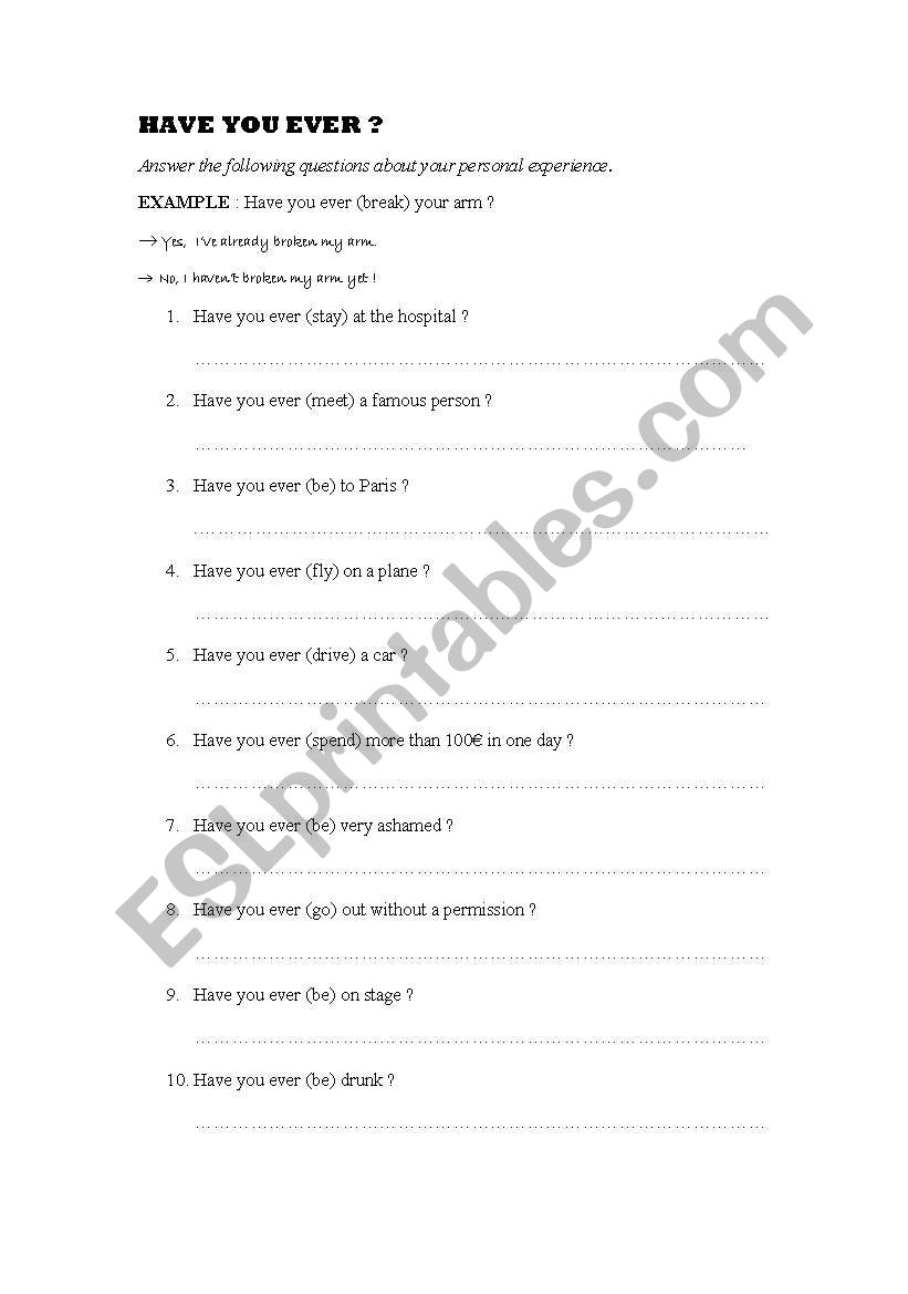 HAVE YOU EVER...? worksheet