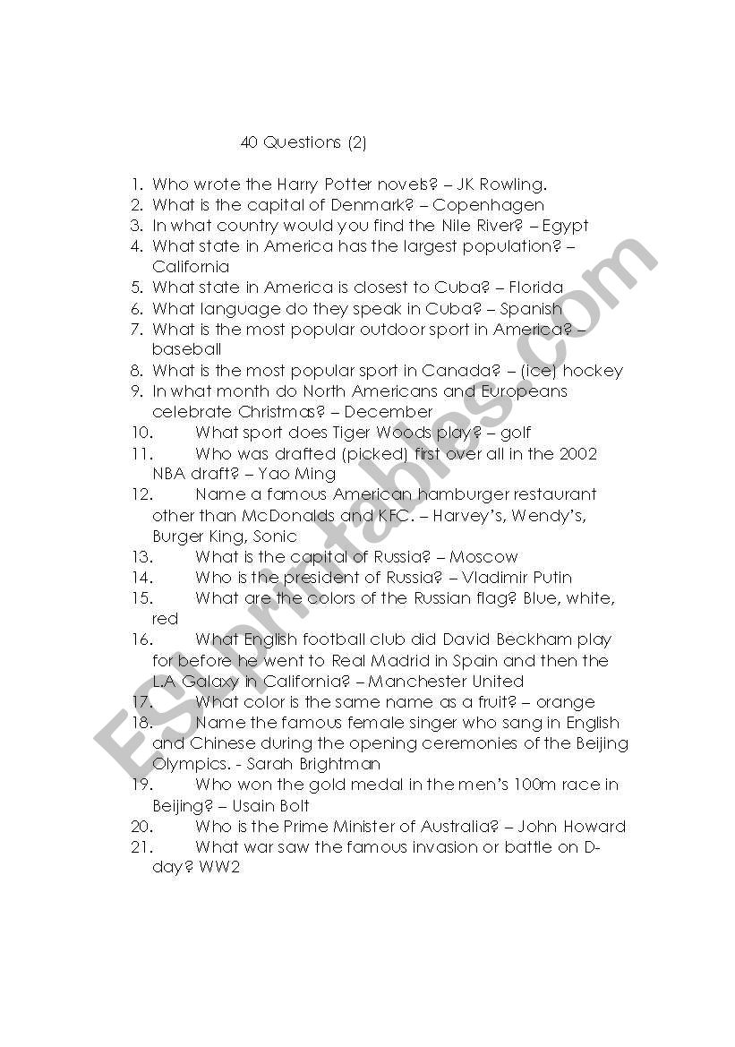 Forty Questions 1 worksheet