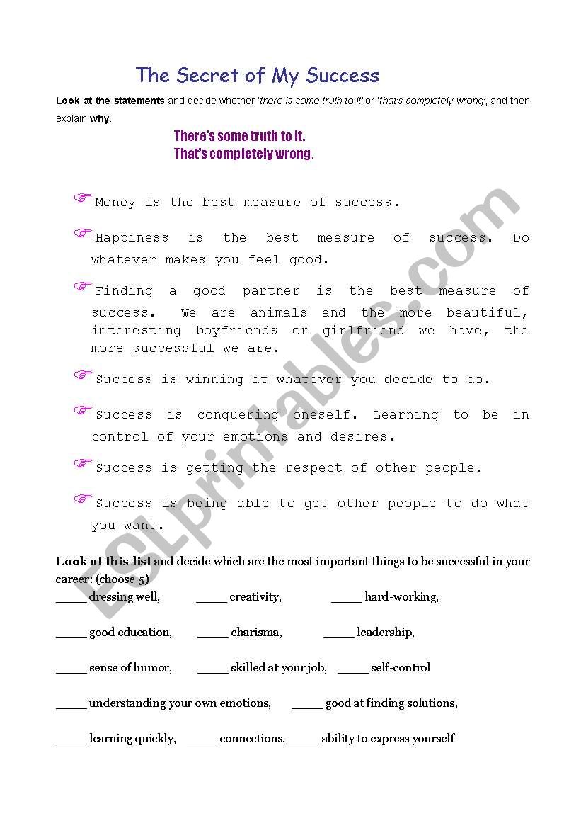 THE SECRET OF MY SUCCESS worksheet