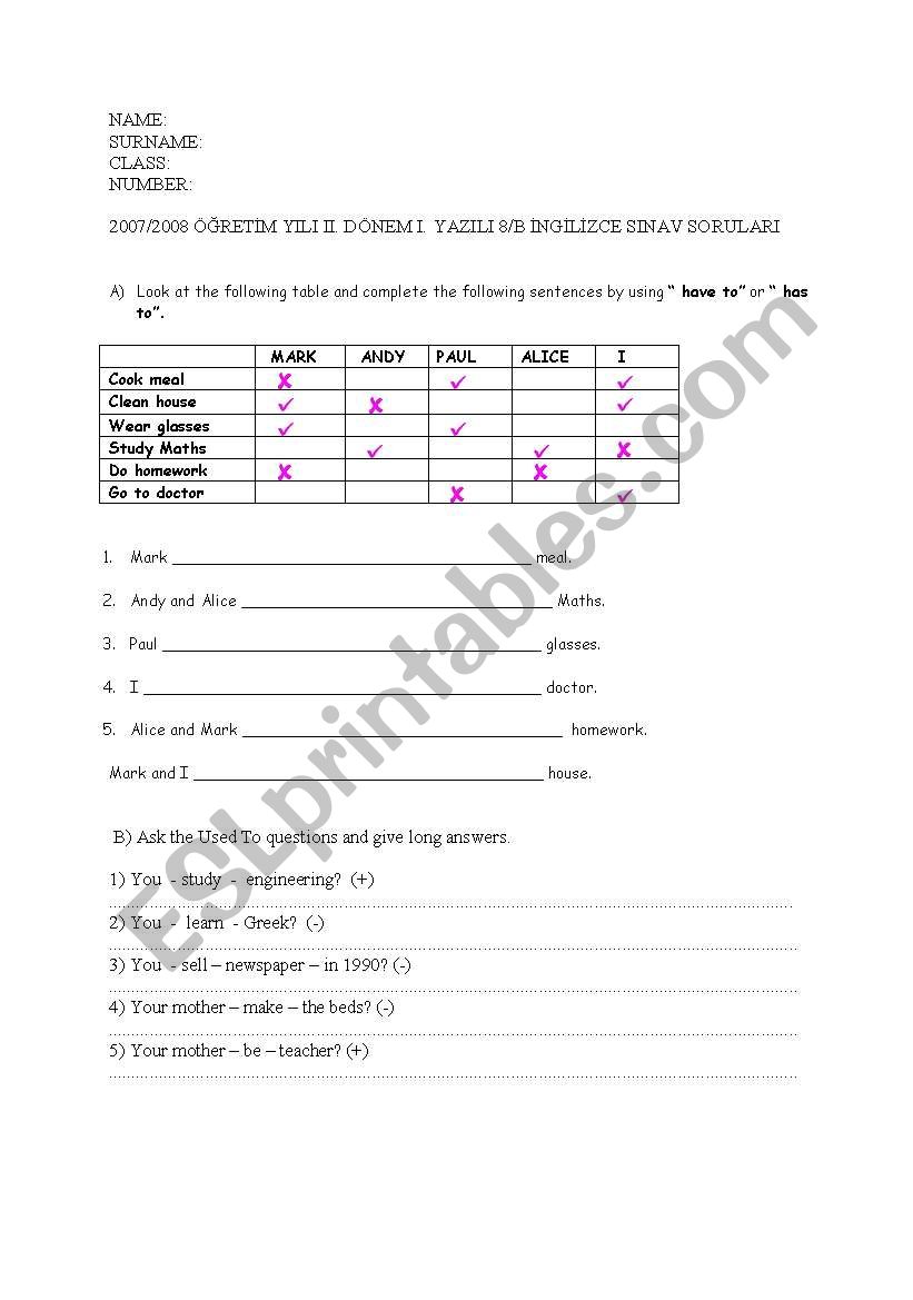 exam worksheet