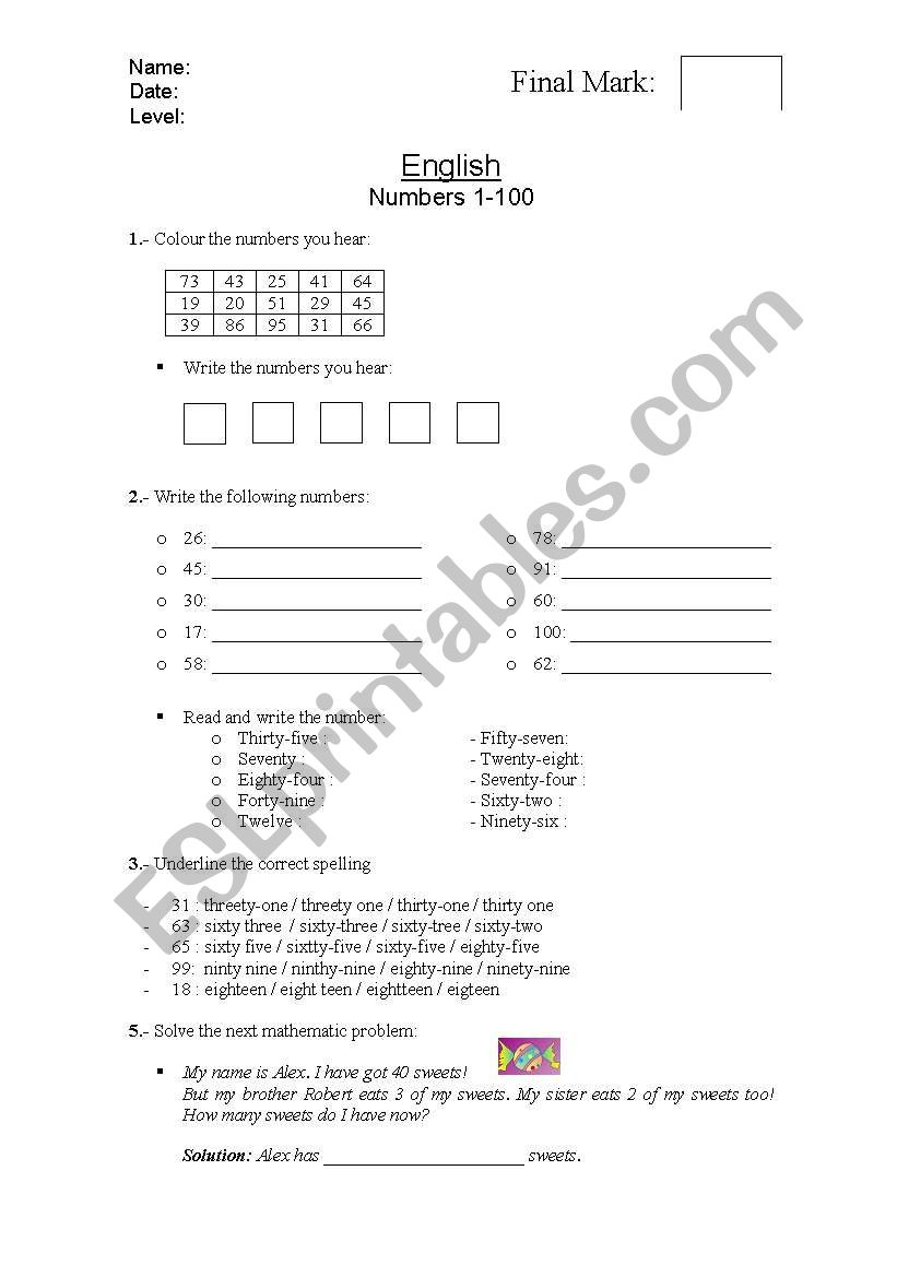 Numbers 1-100 worksheet