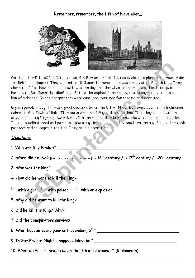 guy fawkes and bonfire night worksheet