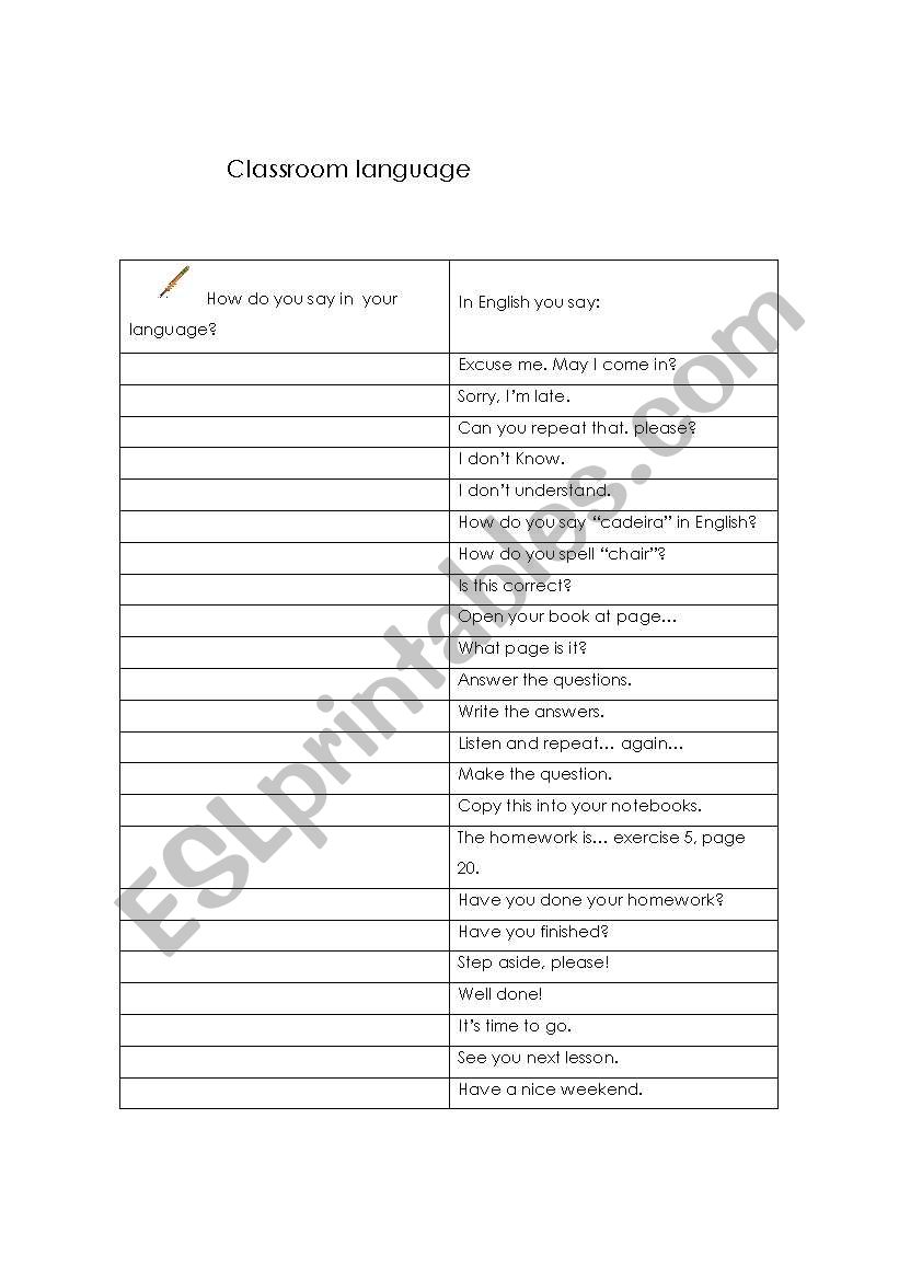 Classroom language worksheet