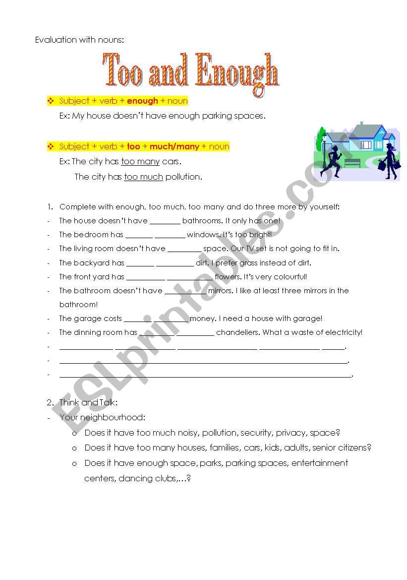 Too/Enough with nouns worksheet