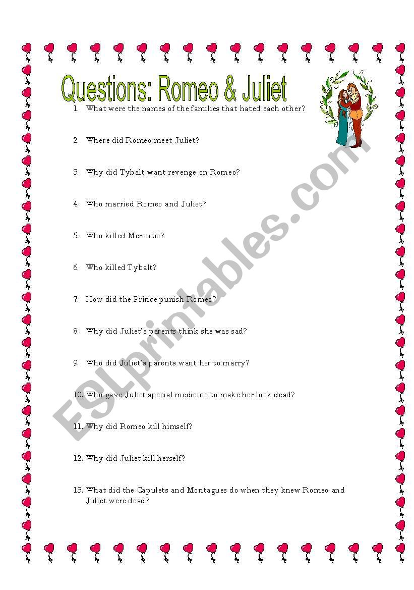 Romeo and Juliet Quesitons worksheet