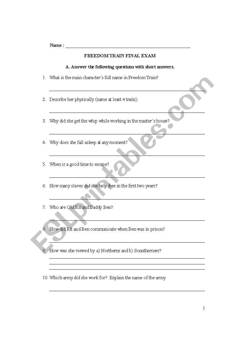 freedom train test worksheet