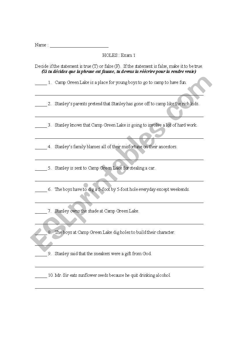 book - Holes exam worksheet