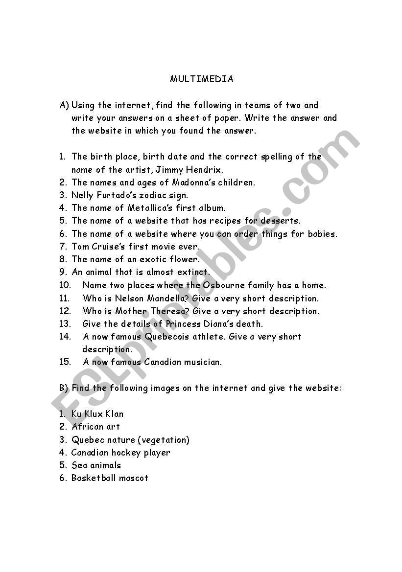 multimedia worksheet