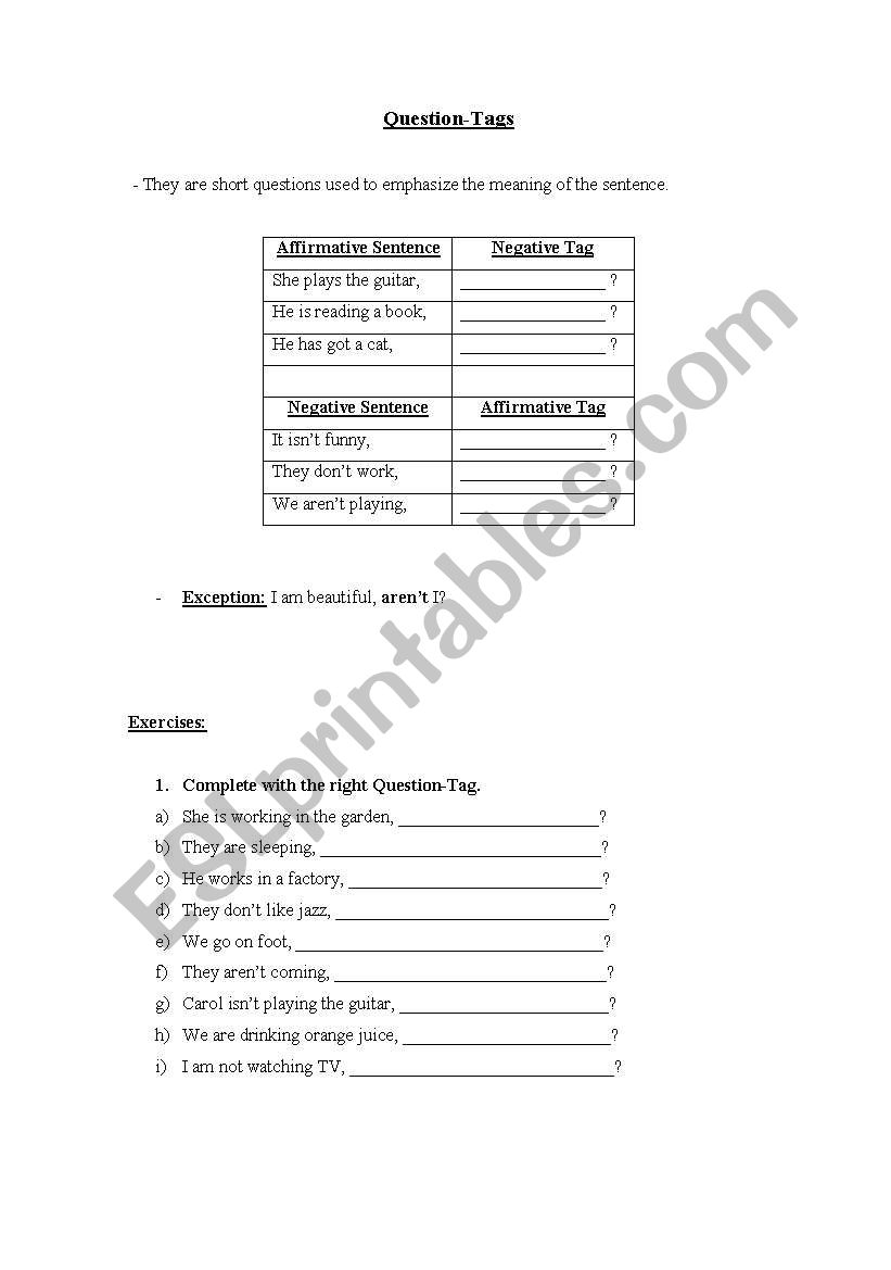 Question tags worksheet