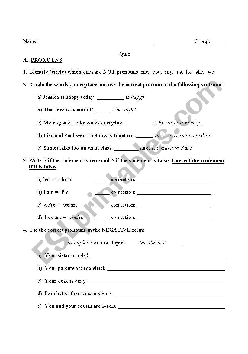 pronouns test worksheet