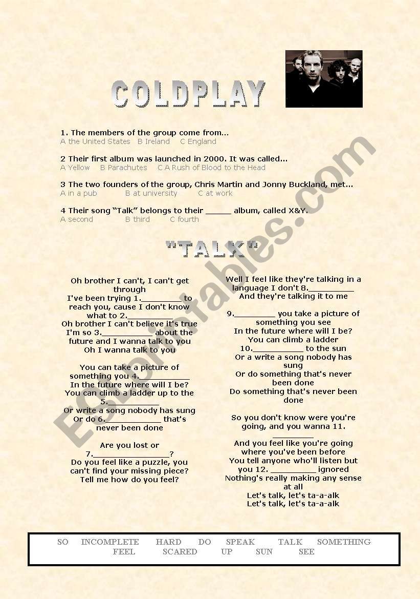 Coldplay - Talk worksheet