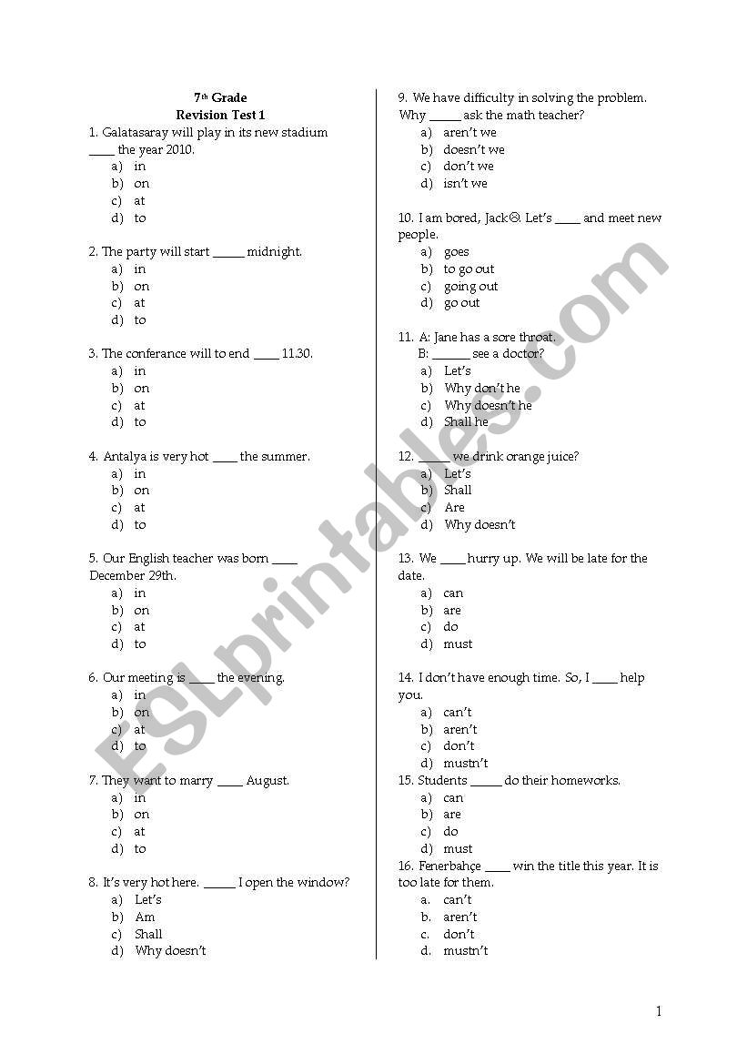 grammar revision test worksheet